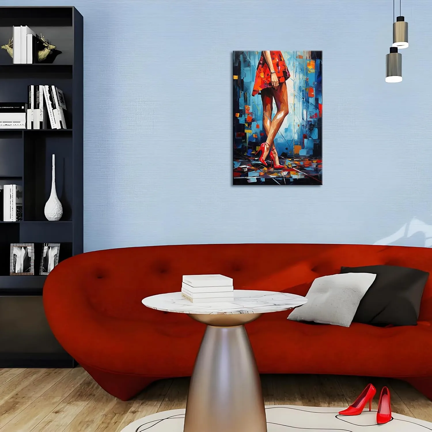 Modern Abstract Woman in Red Dress and High Heels Canvas Wall Art - Vibrant Fashion Figure Painting Print, Impressionist Style Decor for Living Room, Bedroom, Office, Ready to Hang 16x24inch