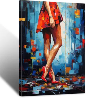 Modern Abstract Woman in Red Dress and High Heels Canvas Wall Art - Vibrant Fashion Figure Painting Print, Impressionist Style Decor for Living Room, Bedroom, Office, Ready to Hang 16x24inch