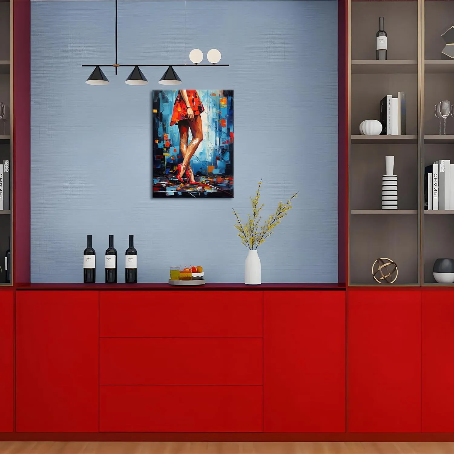 Modern Abstract Woman in Red Dress and High Heels Canvas Wall Art - Vibrant Fashion Figure Painting Print, Impressionist Style Decor for Living Room, Bedroom, Office, Ready to Hang 16x24inch