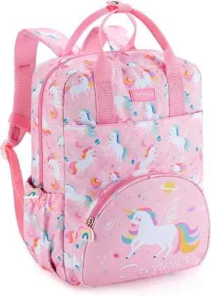 mommore Kids Backpack Girls, Durable Large Toddler Bookbag with Double Handles, Water Resistant Unicorn Backpack with Chest Strap for Preschool Kindergarten Travel