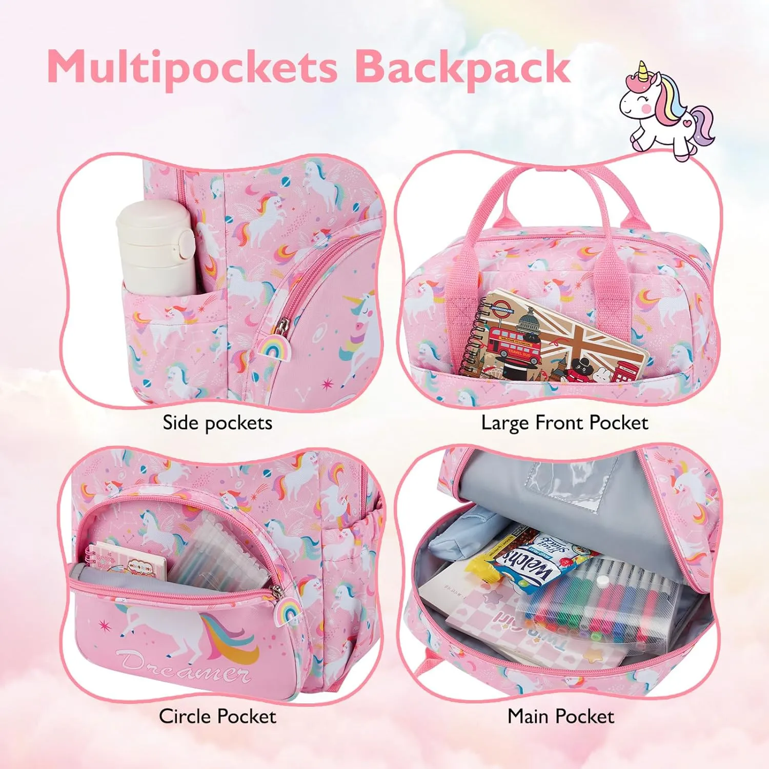 mommore Kids Backpack Girls, Durable Large Toddler Bookbag with Double Handles, Water Resistant Unicorn Backpack with Chest Strap for Preschool Kindergarten Travel