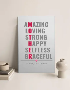 Mon and Daughter/Son Canvas Art - Mother, Amazing Loving Strong Happy Selfless Graceful - All of My Love Holton - Mothers Day Canvas with Kids Names Holton - Family Canvas for Mom 8x12 Inch