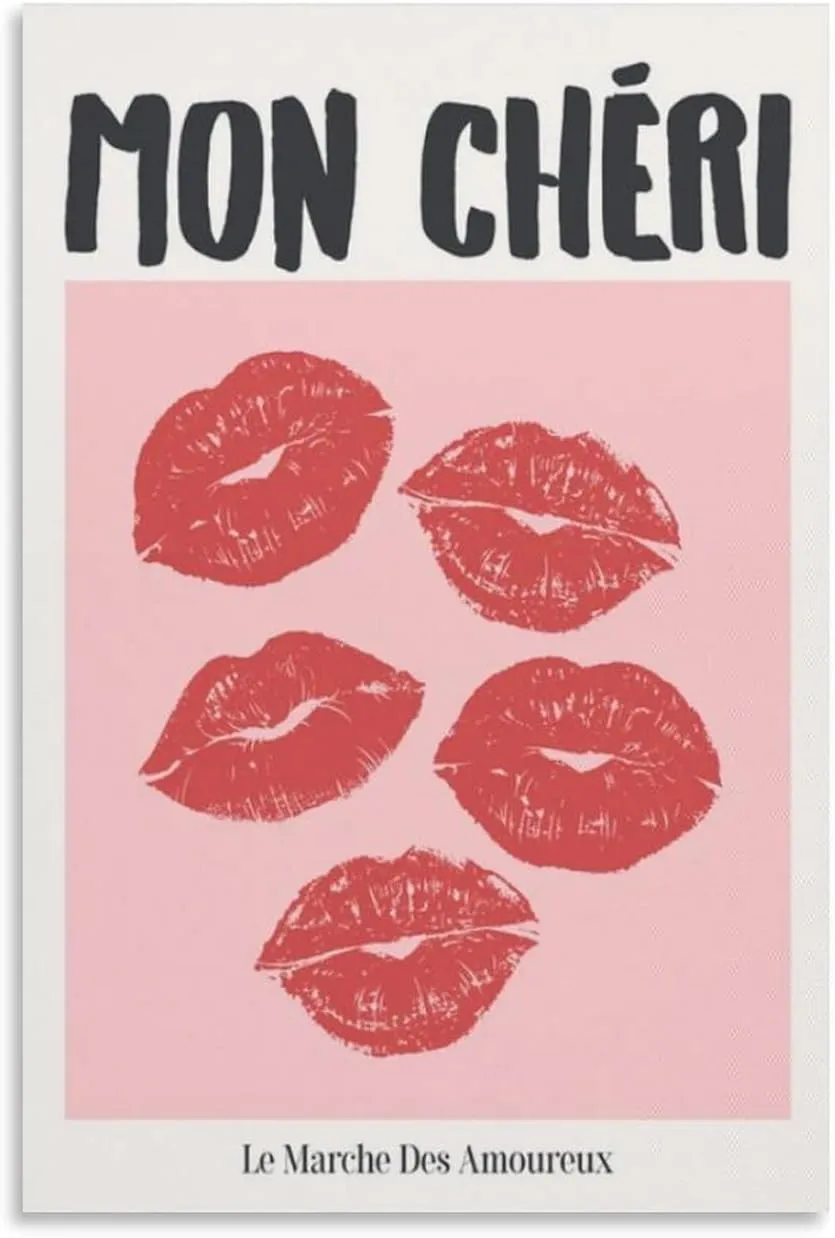 Mon Cheri Kiss Lips Print Trendy Retro Wall Art Coquette Room Decor Aesthetic Poster Bedroom Decor Lips Poster Poster For Bedroom Living Room Bathroom Office Kitchen Decor 16x24inch(40x60cm)Unframe-st