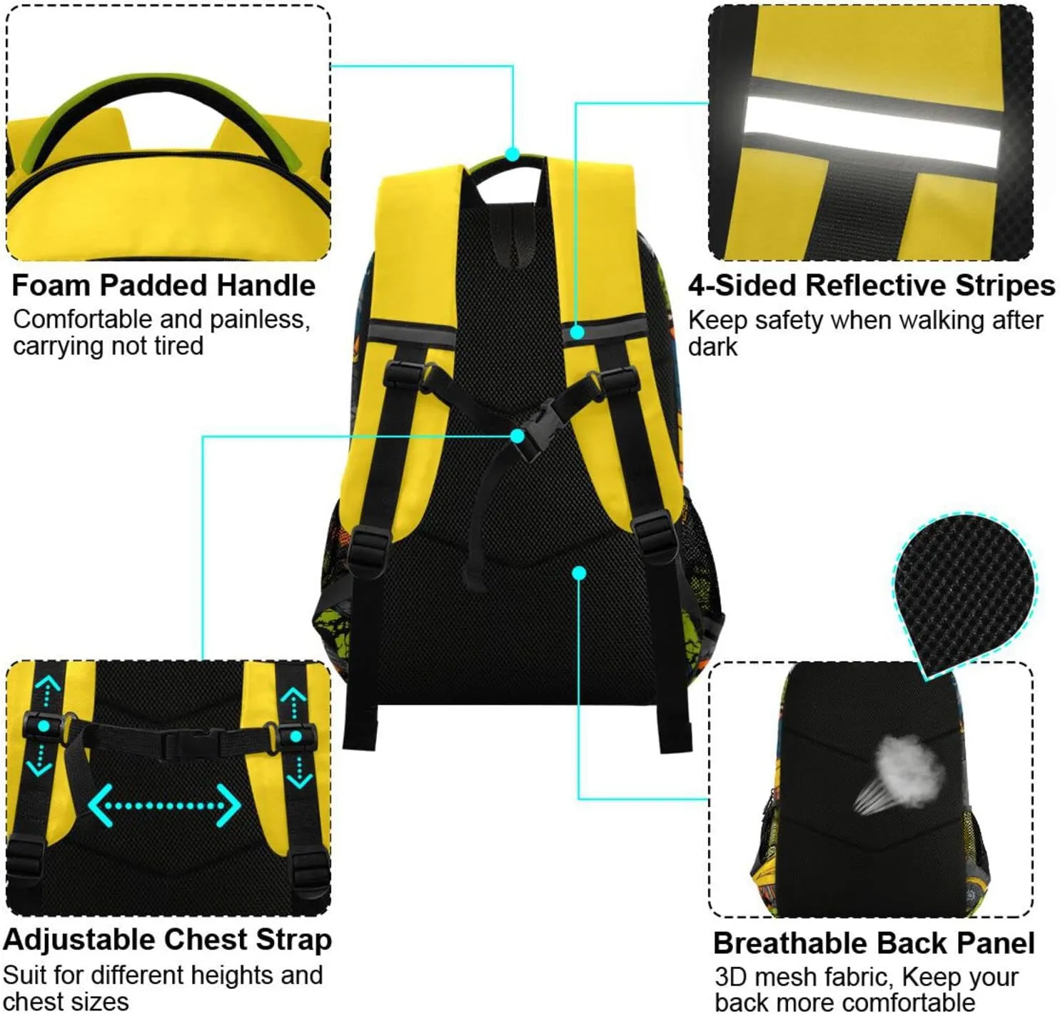 Monster Truck Backpack for Boys Girls School book bag for Kids with Reflective and Adjustable Yellow