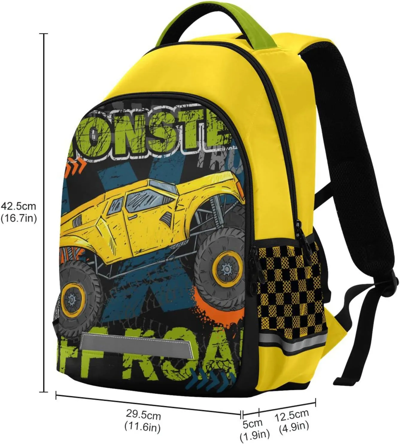 Monster Truck Backpack for Boys Girls School book bag for Kids with Reflective and Adjustable Yellow