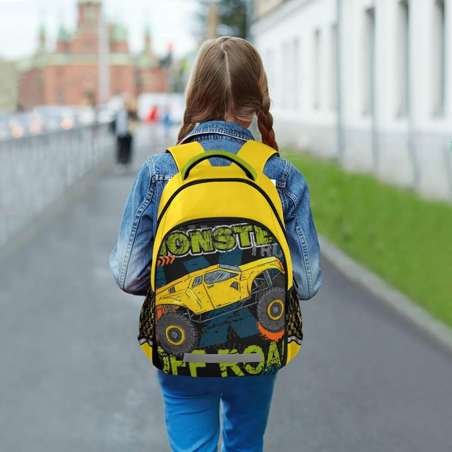 Monster Truck Backpack for Boys Girls School book bag for Kids with Reflective and Adjustable Yellow