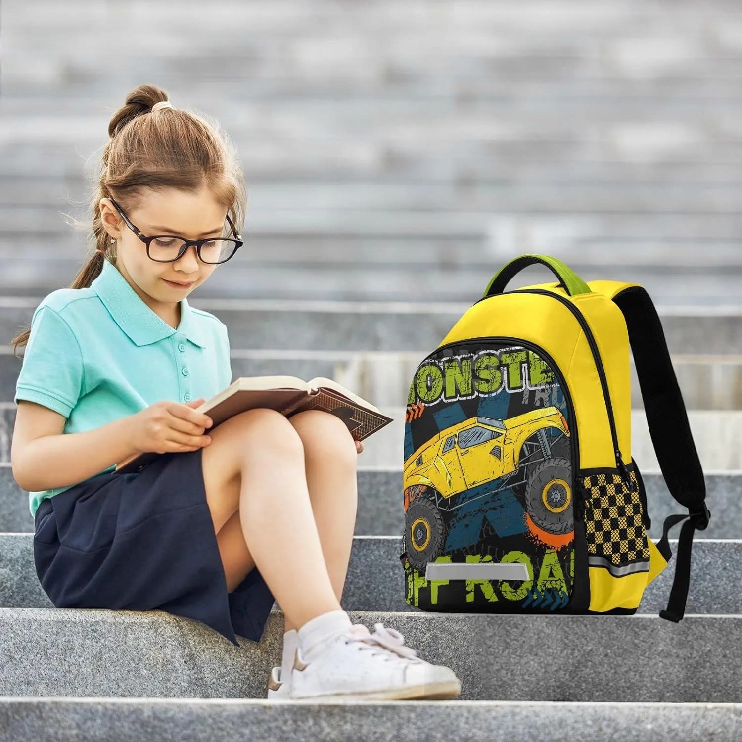 Monster Truck Backpack for Boys Girls School book bag for Kids with Reflective and Adjustable Yellow
