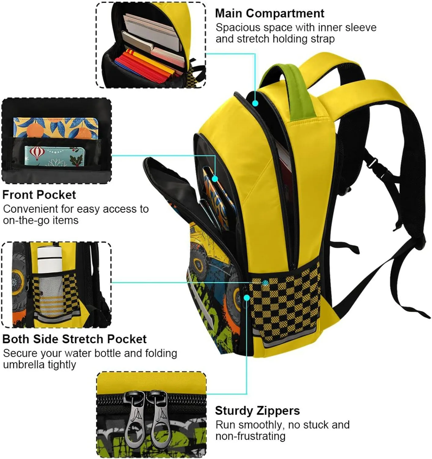 Monster Truck Backpack for Boys Girls School book bag for Kids with Reflective and Adjustable Yellow