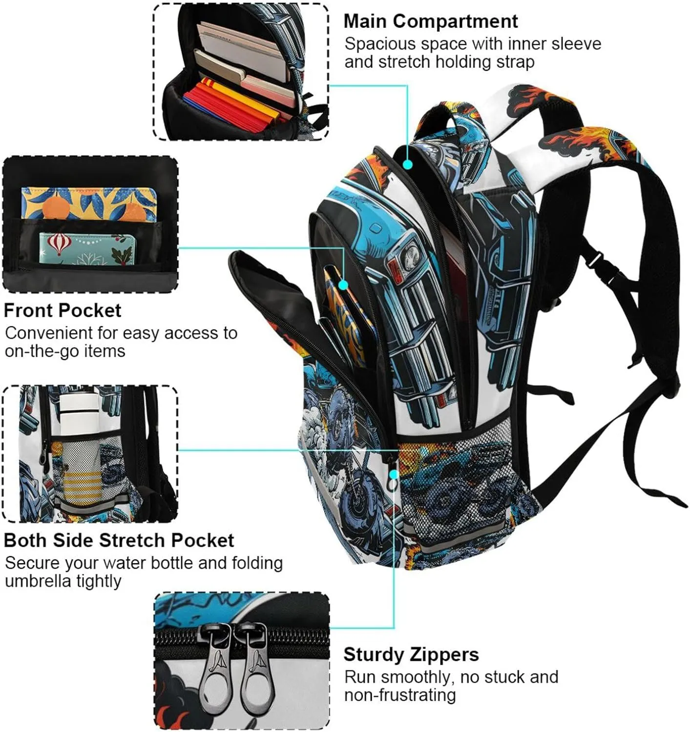 Monster Truck Blue Backpack for Boys Girls Elementary School Bag Kids Bookbag Travel Rucksack