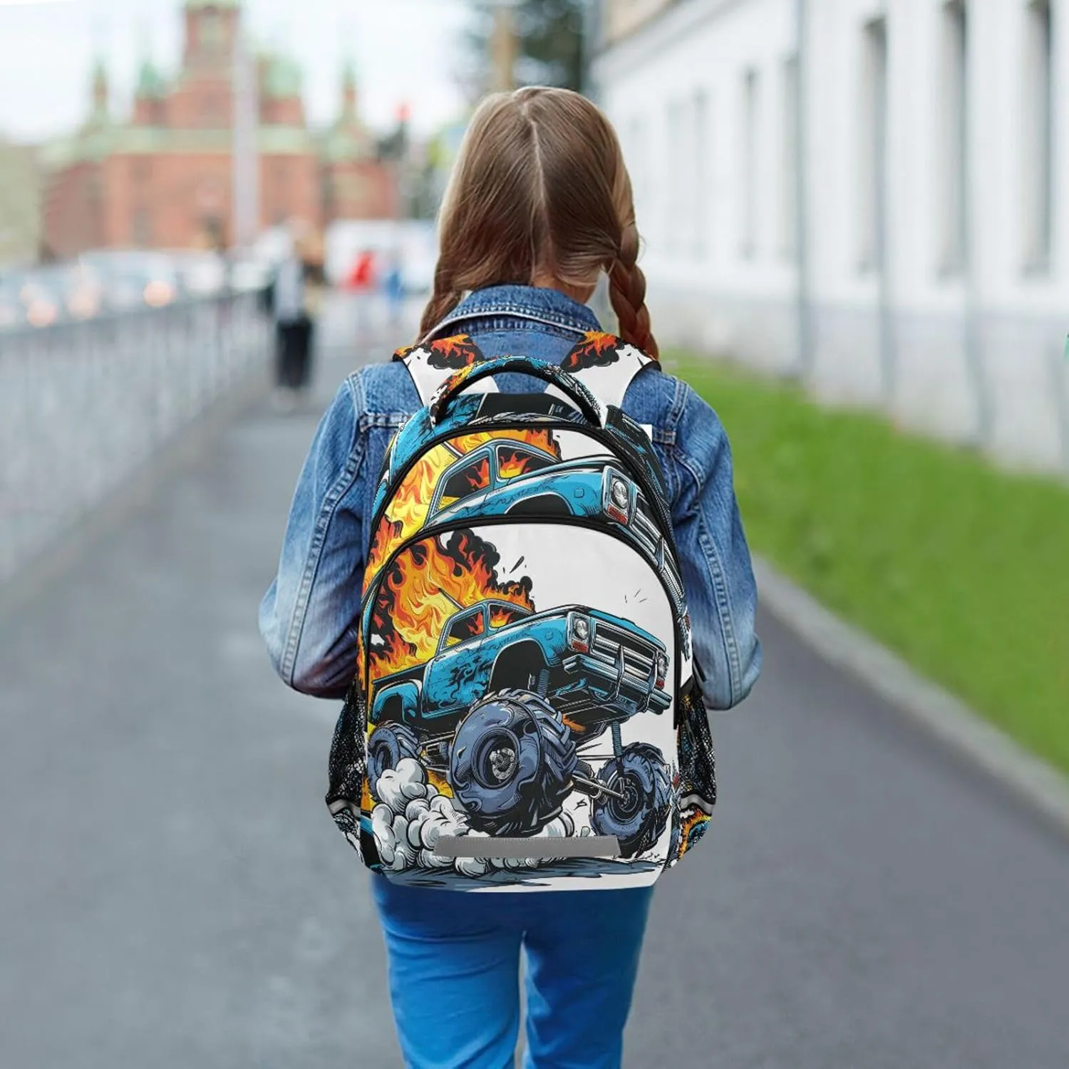 Monster Truck Blue Backpack for Boys Girls Elementary School Bag Kids Bookbag Travel Rucksack