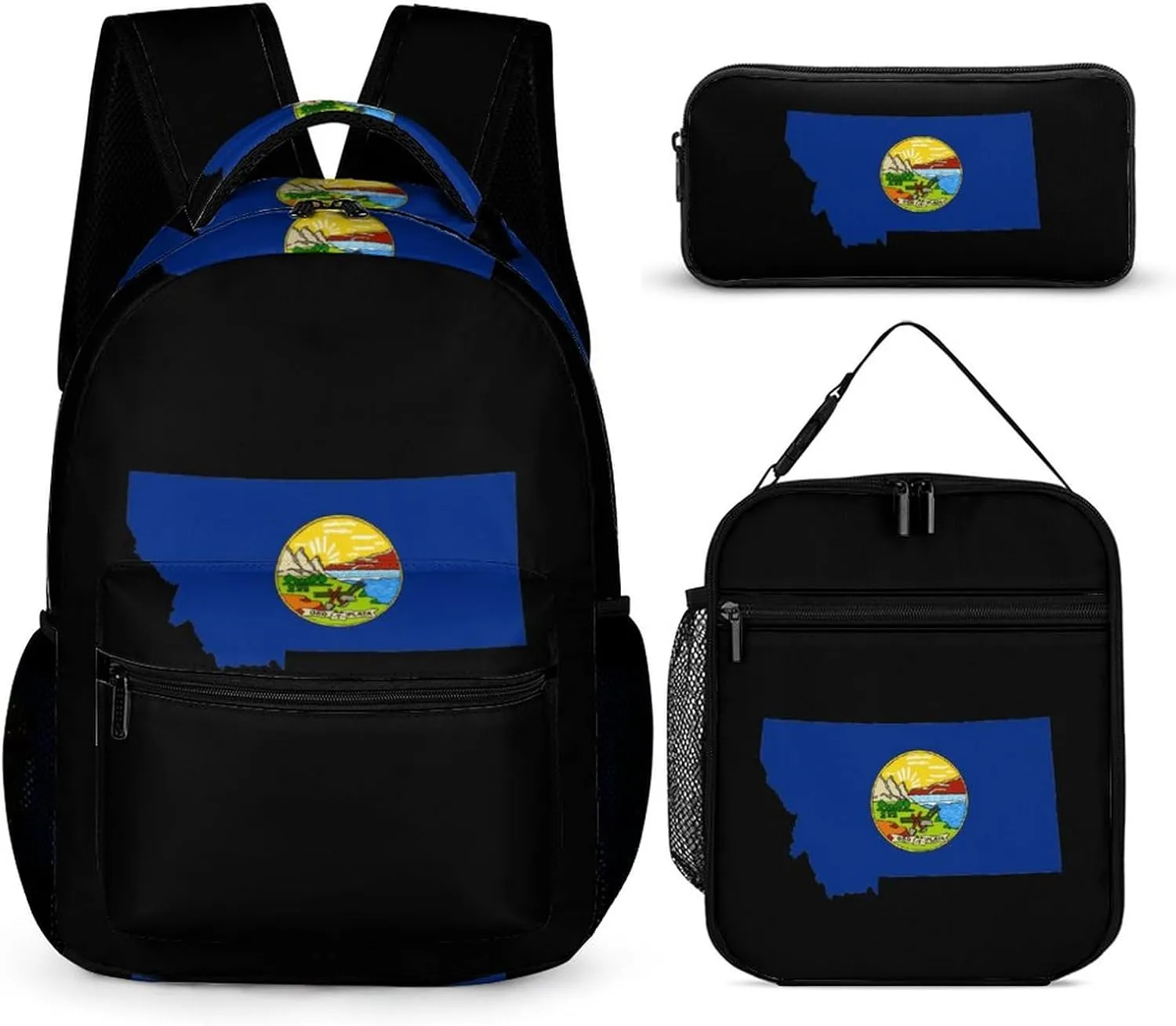 Montana State Flag Map Unisex 3 Pcs Backpack Set Stylish 16" Travel Backpack with Lunch Bag & Pencil Case