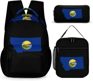 Montana State Flag Map Unisex 3 Pcs Backpack Set Stylish 16" Travel Backpack with Lunch Bag & Pencil Case