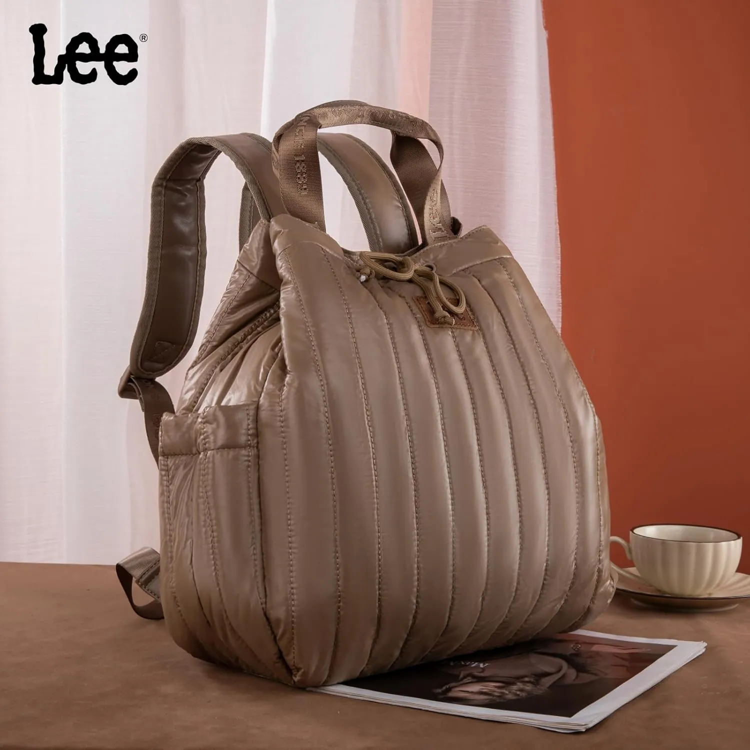 Montana West x Lee Puffer Backpack Purse for Women Quilted Travel Fashion Backpack Daypack Ladies Casual Drawstring Bag Khaki