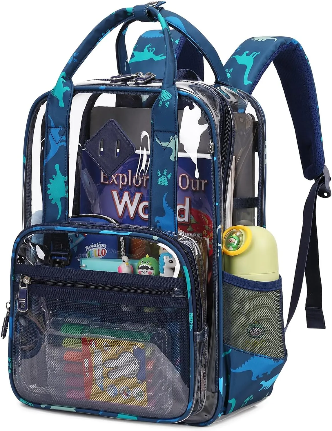 MOONBABY Clear Backpack Stadium Events Heavy Duty Clear Bookbag PVC Transparent Backpack for Kids Adult See Through Book Bag, Green Dinosaur