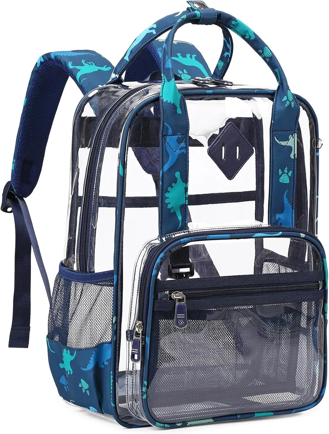 MOONBABY Clear Backpack Stadium Events Heavy Duty Clear Bookbag PVC Transparent Backpack for Kids Adult See Through Book Bag, Green Dinosaur