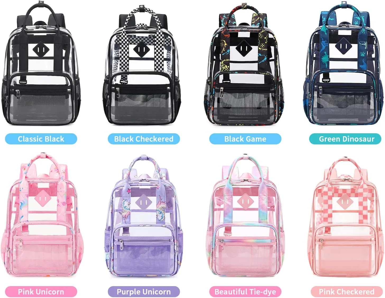 MOONBABY Clear Backpack Stadium Events Heavy Duty Clear Bookbag PVC Transparent Backpack for Kids Adult See Through Book Bag, Green Dinosaur