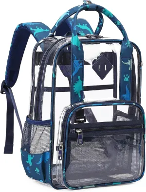MOONBABY Clear Backpack Stadium Events Heavy Duty Clear Bookbag PVC Transparent Backpack for Kids Adult See Through Book Bag, Green Dinosaur
