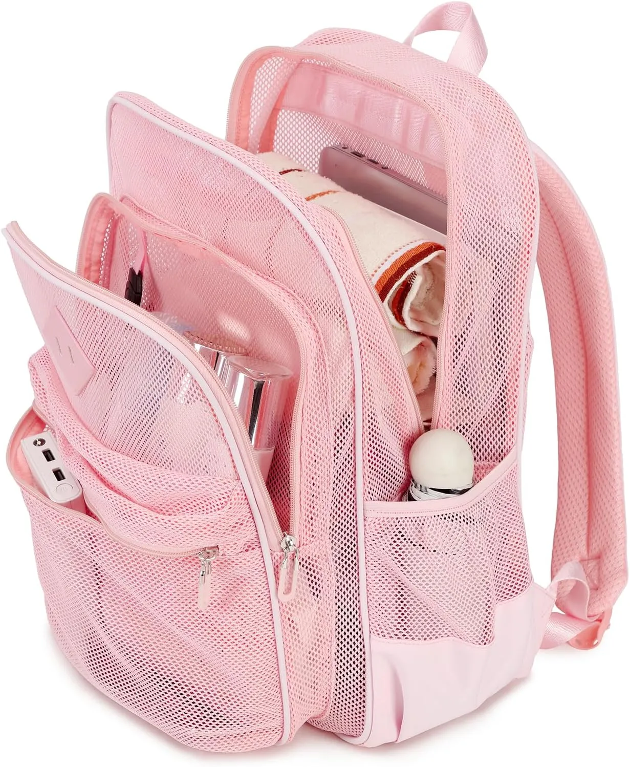 MOONBABY Mesh Backpack for Girls Mesh Bookbag Heavy Duty See Through Semi-Transparent School Bag for Swimming, Beach, Sports, Work, Travel (Pink)