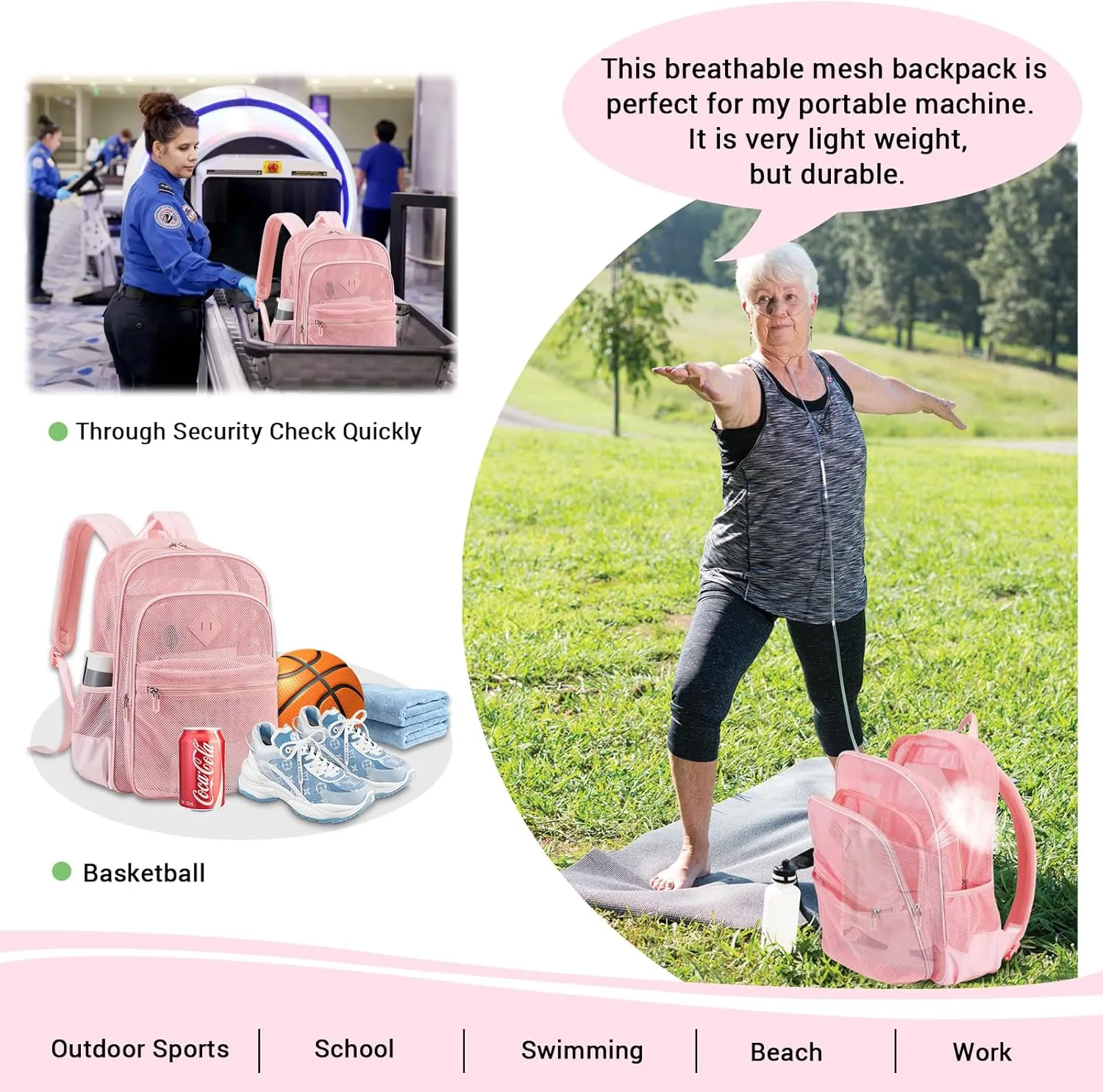 MOONBABY Mesh Backpack for Girls Mesh Bookbag Heavy Duty See Through Semi-Transparent School Bag for Swimming, Beach, Sports, Work, Travel (Pink)