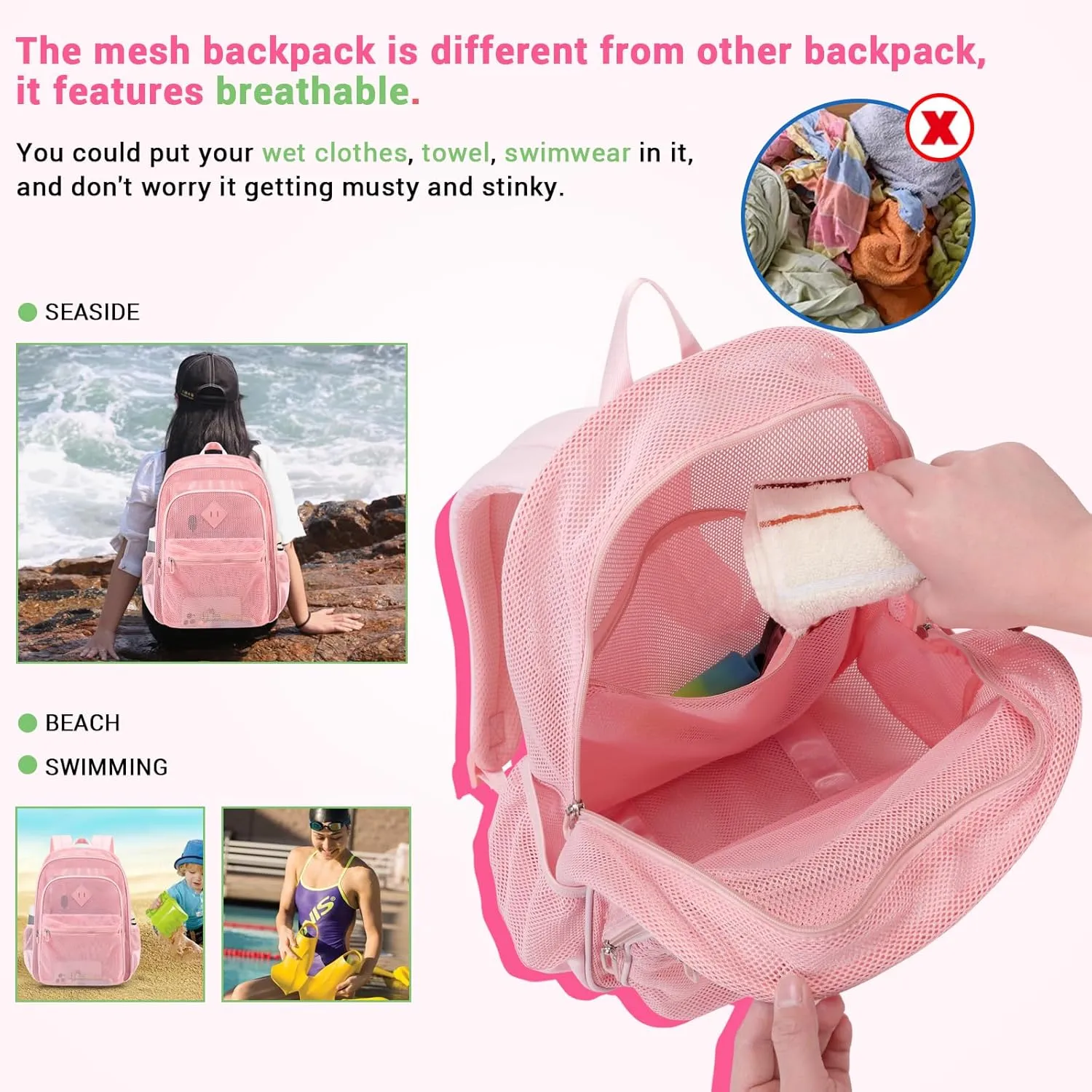 MOONBABY Mesh Backpack for Girls Mesh Bookbag Heavy Duty See Through Semi-Transparent School Bag for Swimming, Beach, Sports, Work, Travel (Pink)