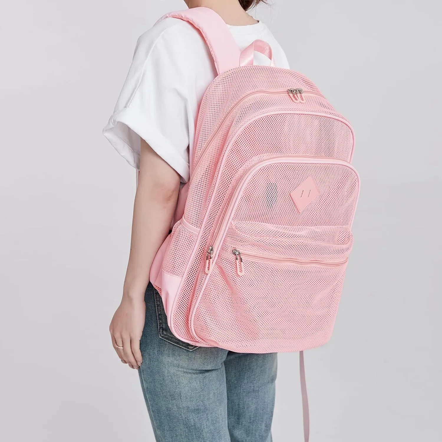 MOONBABY Mesh Backpack for Girls Mesh Bookbag Heavy Duty See Through Semi-Transparent School Bag for Swimming, Beach, Sports, Work, Travel (Pink)