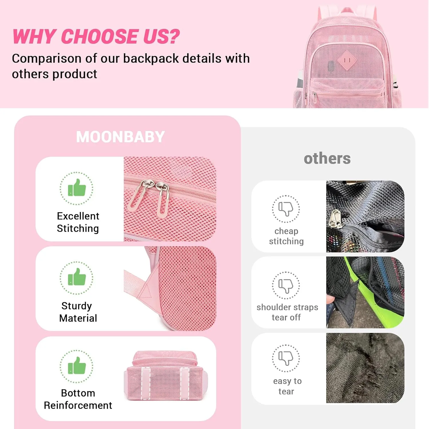MOONBABY Mesh Backpack for Girls Mesh Bookbag Heavy Duty See Through Semi-Transparent School Bag for Swimming, Beach, Sports, Work, Travel (Pink)