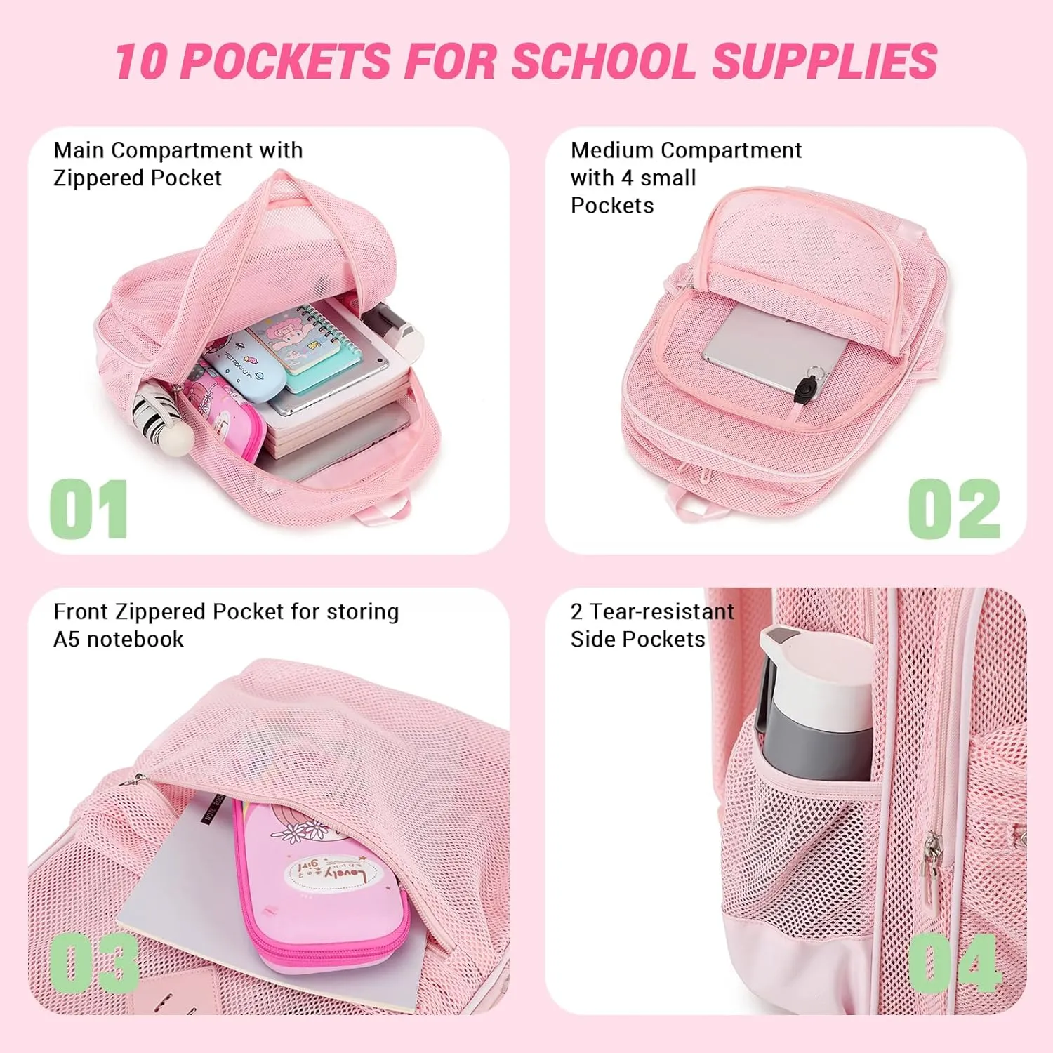 MOONBABY Mesh Backpack for Girls Mesh Bookbag Heavy Duty See Through Semi-Transparent School Bag for Swimming, Beach, Sports, Work, Travel (Pink)