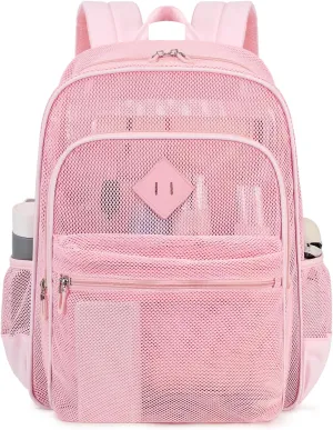 MOONBABY Mesh Backpack for Girls Mesh Bookbag Heavy Duty See Through Semi-Transparent School Bag for Swimming, Beach, Sports, Work, Travel (Pink)