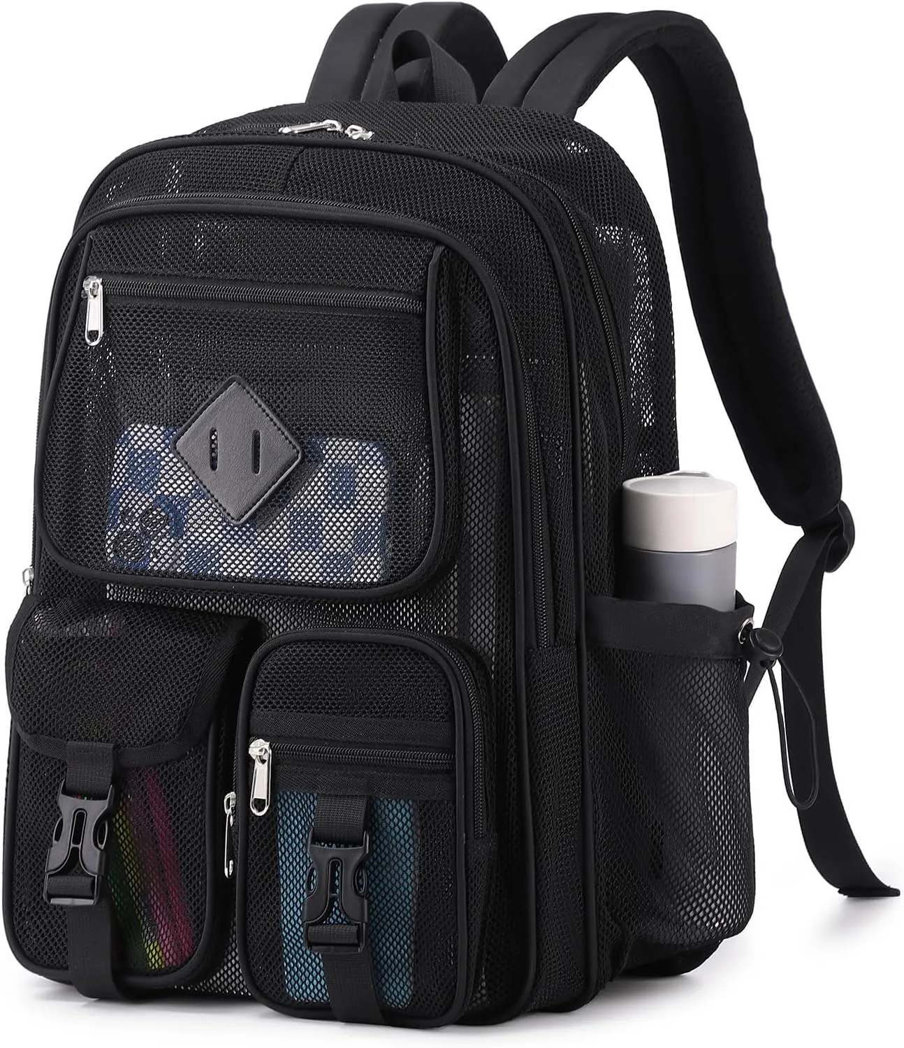 MOONBABY Mesh Backpack for School Heavy Duty See Through Net Bookbag Girls Boys Semi-Transparent Net Back Pack for Beach, Swimming, Sports, Work, Travel (Black)