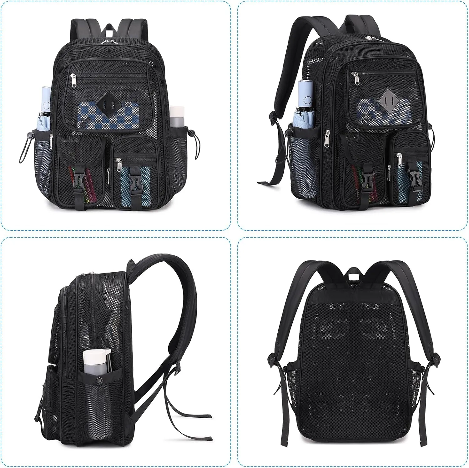 MOONBABY Mesh Backpack for School Heavy Duty See Through Net Bookbag Girls Boys Semi-Transparent Net Back Pack for Beach, Swimming, Sports, Work, Travel (Black)