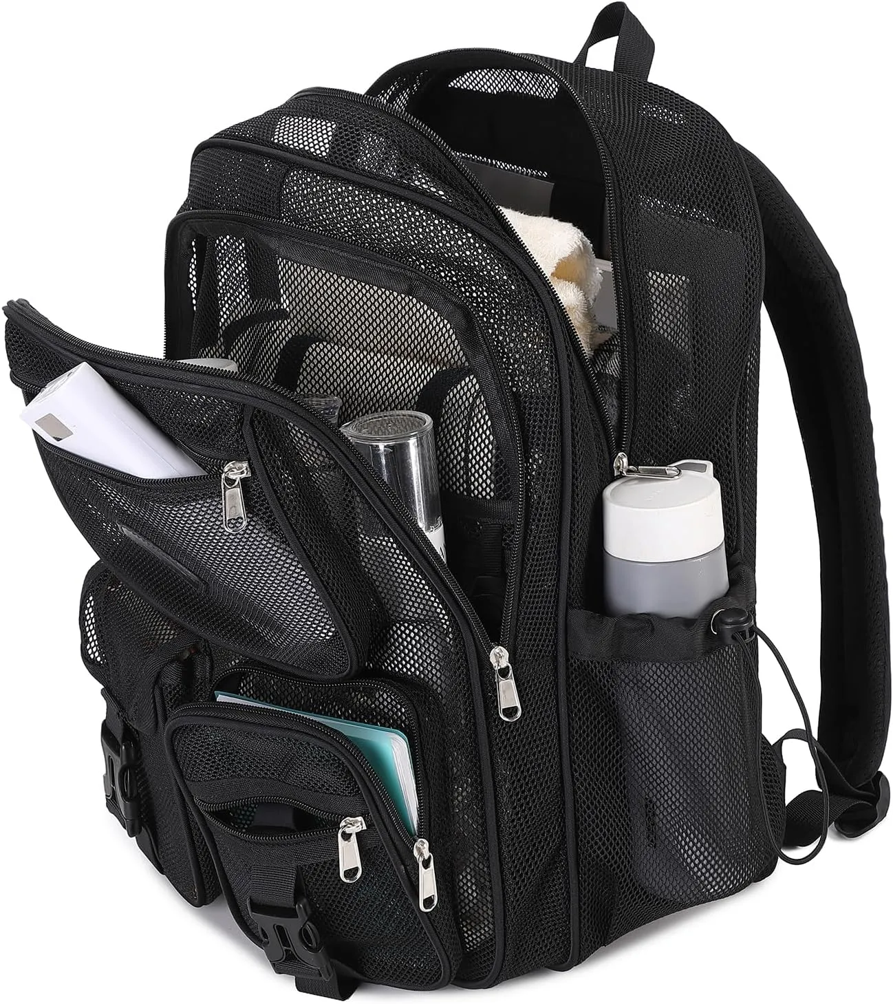 MOONBABY Mesh Backpack for School Heavy Duty See Through Net Bookbag Girls Boys Semi-Transparent Net Back Pack for Beach, Swimming, Sports, Work, Travel (Black)