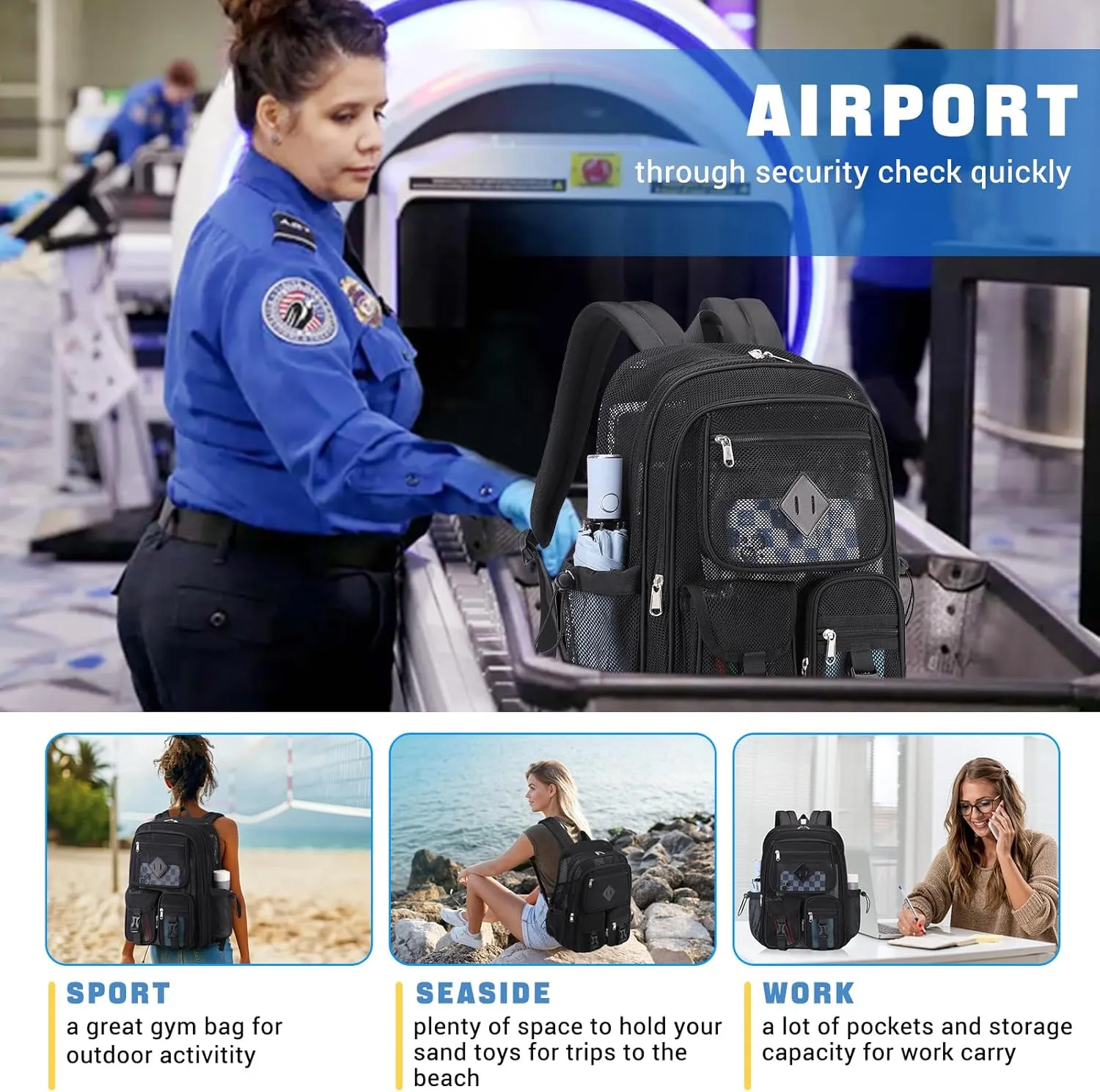 MOONBABY Mesh Backpack for School Heavy Duty See Through Net Bookbag Girls Boys Semi-Transparent Net Back Pack for Beach, Swimming, Sports, Work, Travel (Black)