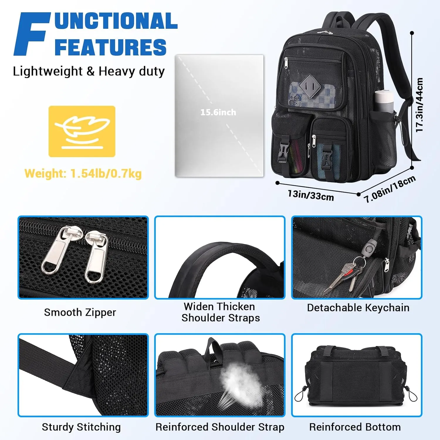 MOONBABY Mesh Backpack for School Heavy Duty See Through Net Bookbag Girls Boys Semi-Transparent Net Back Pack for Beach, Swimming, Sports, Work, Travel (Black)