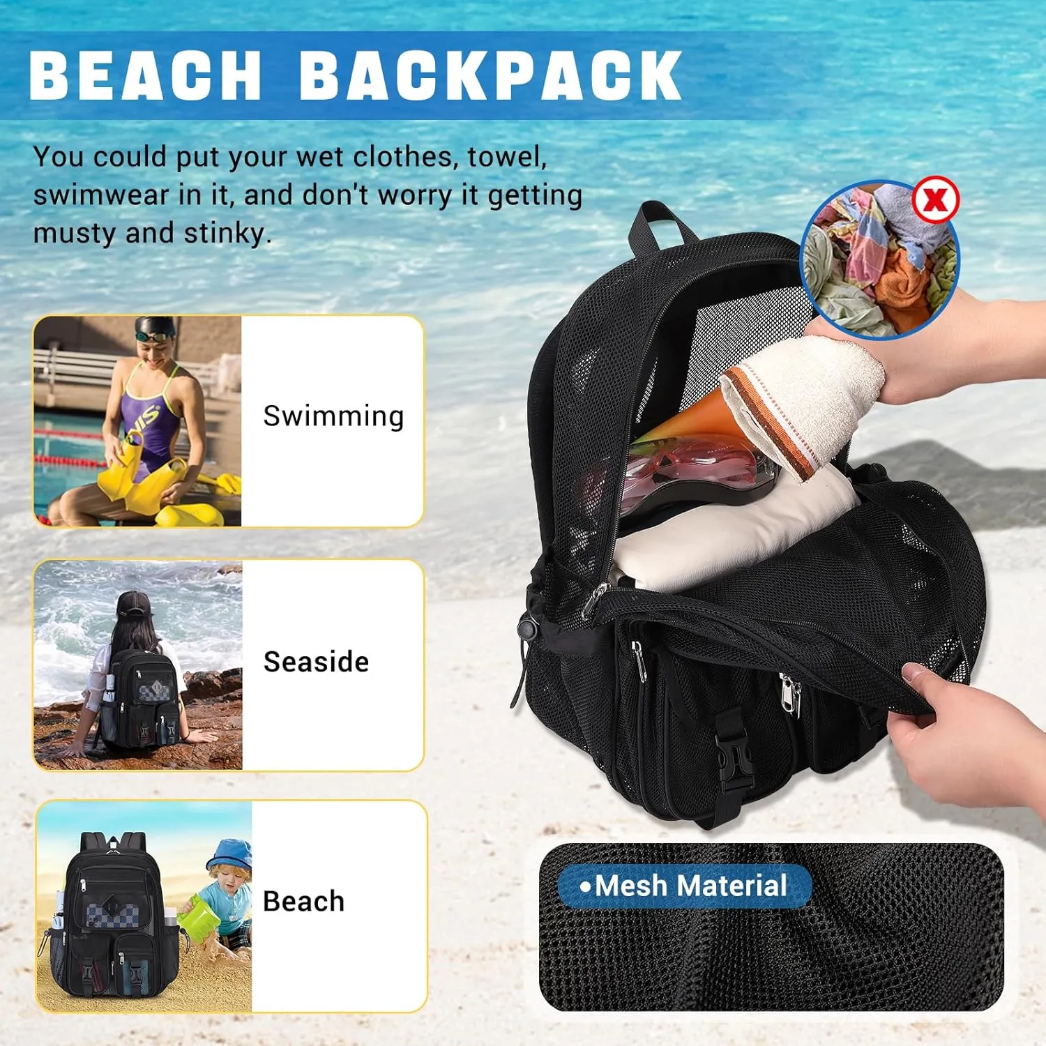 MOONBABY Mesh Backpack for School Heavy Duty See Through Net Bookbag Girls Boys Semi-Transparent Net Back Pack for Beach, Swimming, Sports, Work, Travel (Black)
