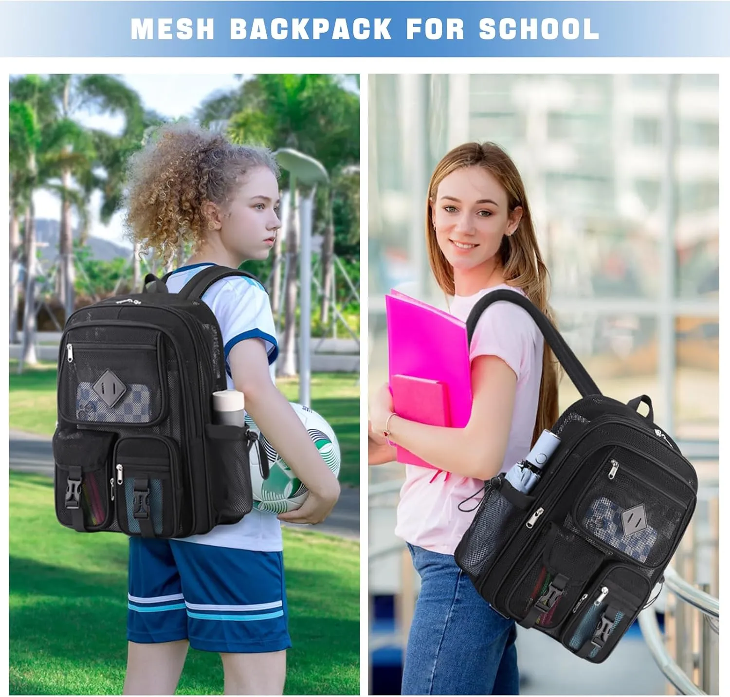 MOONBABY Mesh Backpack for School Heavy Duty See Through Net Bookbag Girls Boys Semi-Transparent Net Back Pack for Beach, Swimming, Sports, Work, Travel (Black)