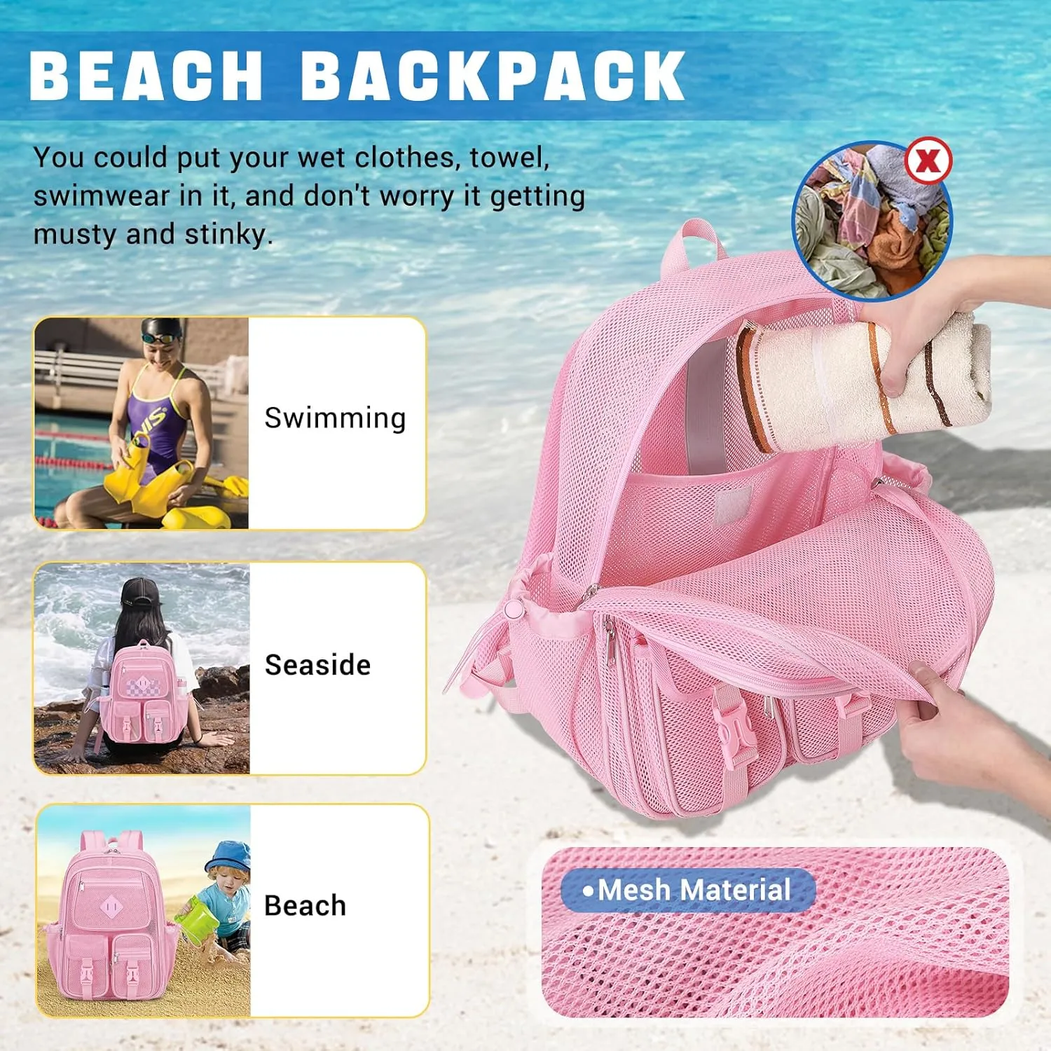 MOONBABY Mesh Backpack for School Heavy Duty See Through Net Bookbag Girls Semi-Transparent Net Back Pack for Beach, Swimming, Sports, Work, Travel (Pink)