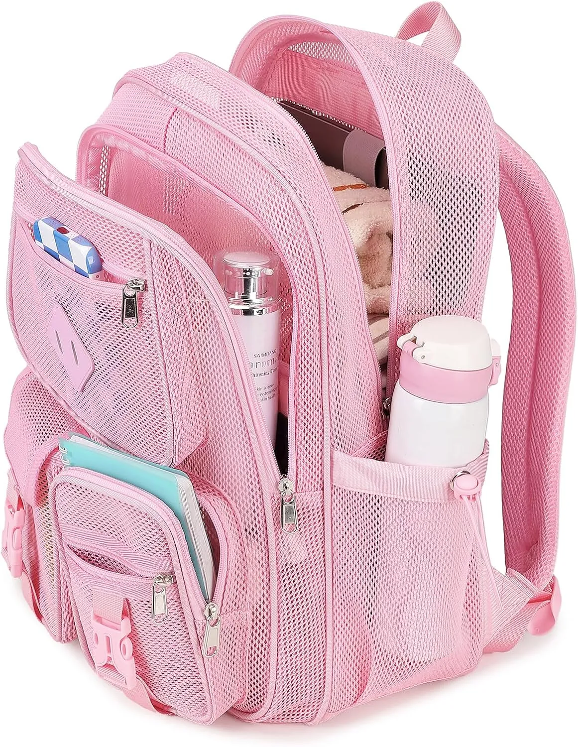 MOONBABY Mesh Backpack for School Heavy Duty See Through Net Bookbag Girls Semi-Transparent Net Back Pack for Beach, Swimming, Sports, Work, Travel (Pink)