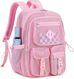 MOONBABY Mesh Backpack for School Heavy Duty See Through Net Bookbag Girls Semi-Transparent Net Back Pack for Beach, Swimming, Sports, Work, Travel (Pink)