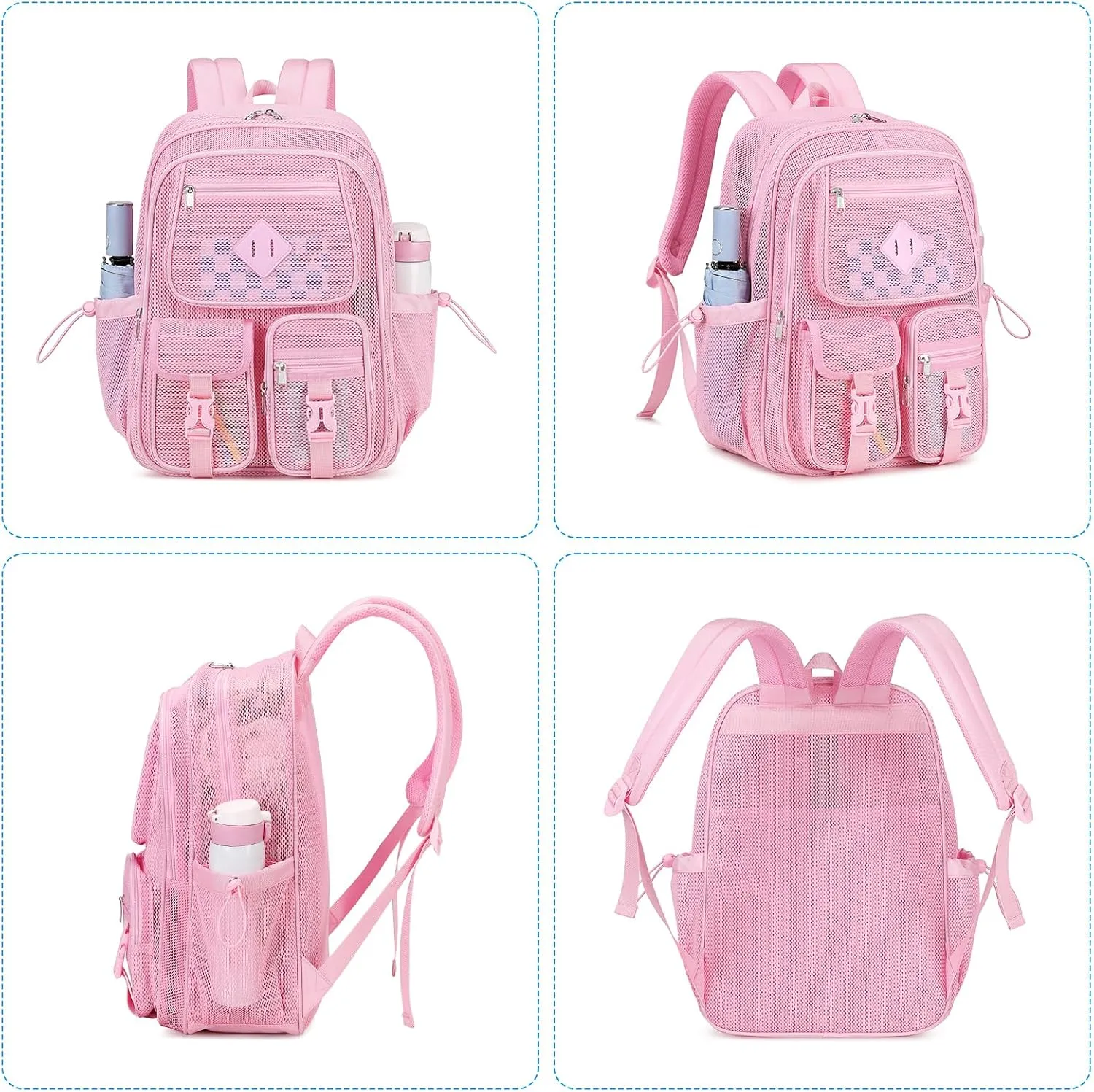 MOONBABY Mesh Backpack for School Heavy Duty See Through Net Bookbag Girls Semi-Transparent Net Back Pack for Beach, Swimming, Sports, Work, Travel (Pink)
