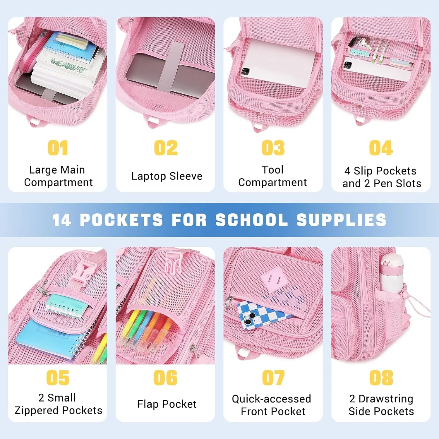 MOONBABY Mesh Backpack for School Heavy Duty See Through Net Bookbag Girls Semi-Transparent Net Back Pack for Beach, Swimming, Sports, Work, Travel (Pink)
