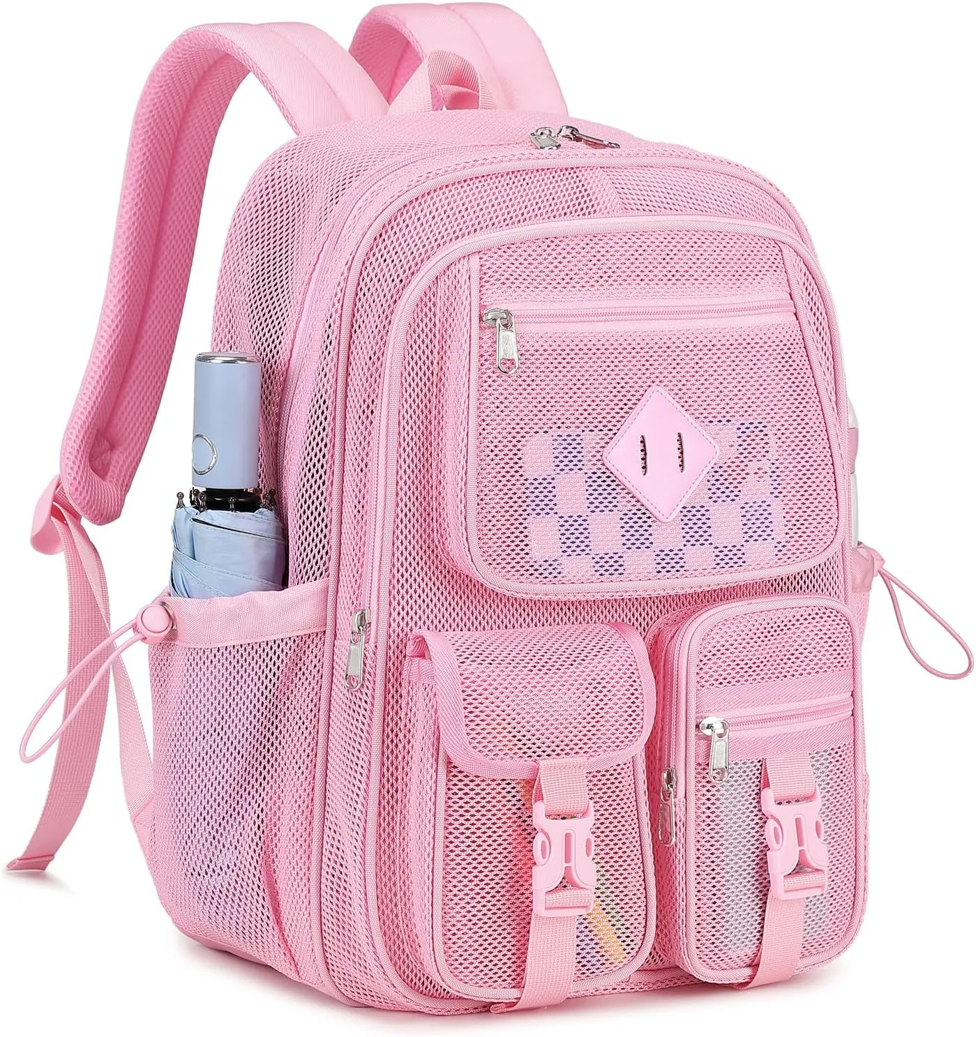 MOONBABY Mesh Backpack for School Heavy Duty See Through Net Bookbag Girls Semi-Transparent Net Back Pack for Beach, Swimming, Sports, Work, Travel (Pink)
