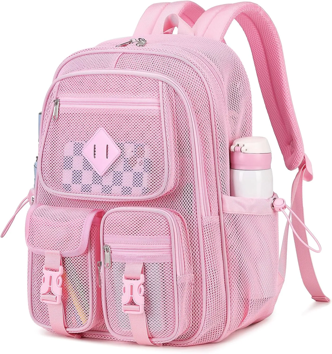 MOONBABY Mesh Backpack for School Heavy Duty See Through Net Bookbag Girls Semi-Transparent Net Back Pack for Beach, Swimming, Sports, Work, Travel (Pink)