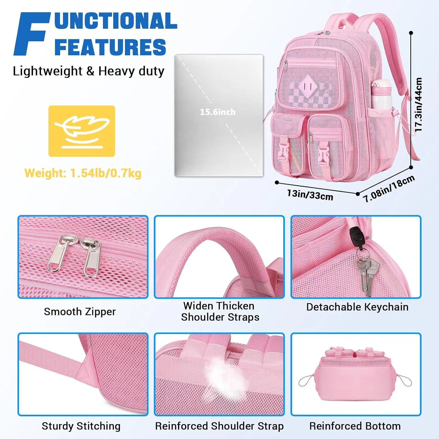 MOONBABY Mesh Backpack for School Heavy Duty See Through Net Bookbag Girls Semi-Transparent Net Back Pack for Beach, Swimming, Sports, Work, Travel (Pink)