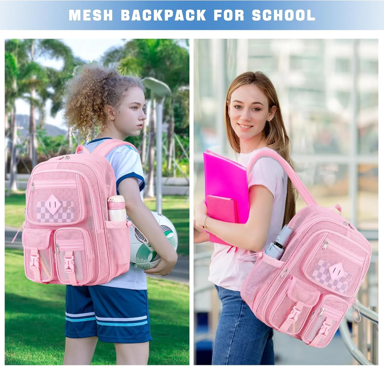 MOONBABY Mesh Backpack for School Heavy Duty See Through Net Bookbag Girls Semi-Transparent Net Back Pack for Beach, Swimming, Sports, Work, Travel (Pink)