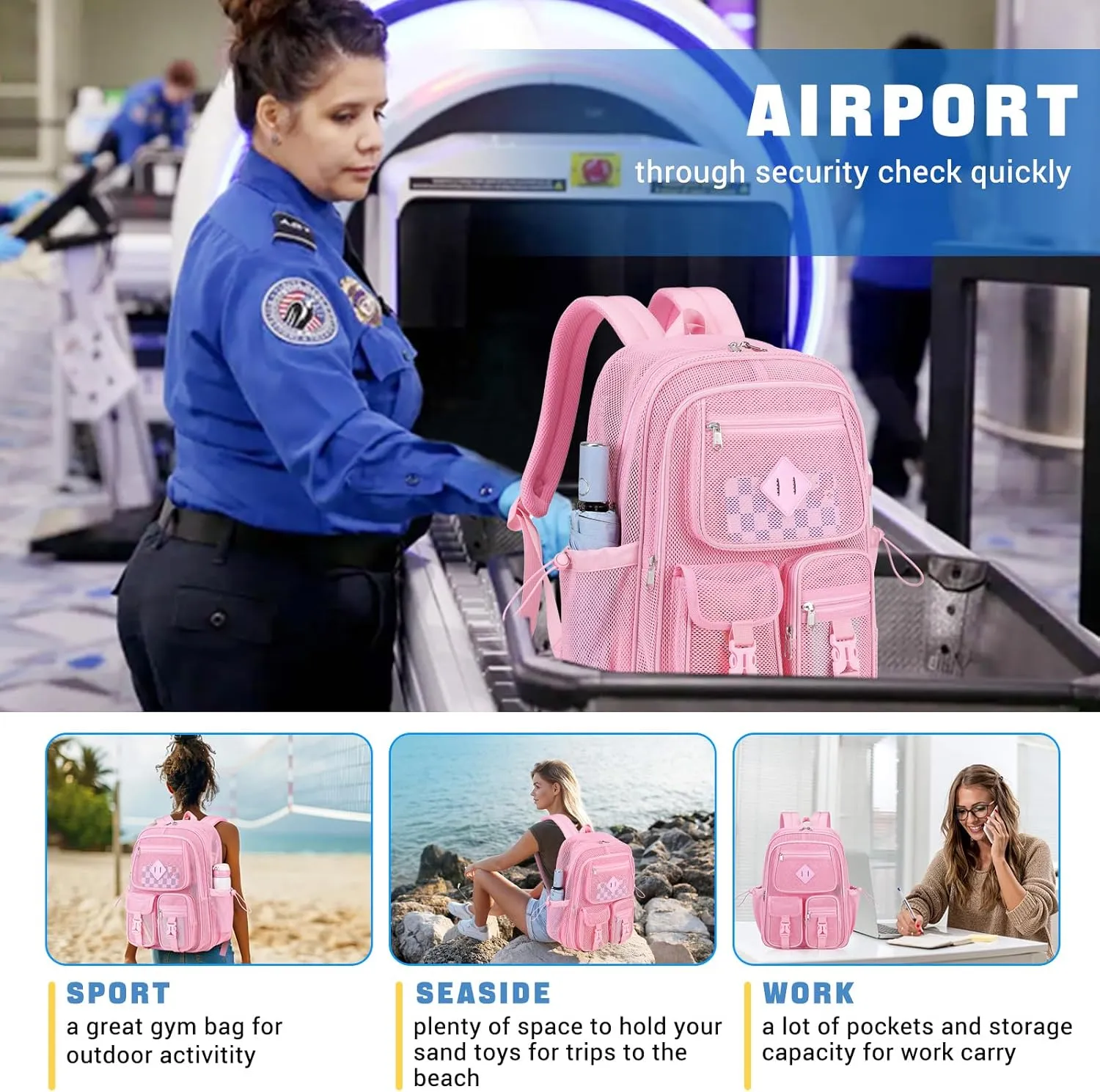 MOONBABY Mesh Backpack for School Heavy Duty See Through Net Bookbag Girls Semi-Transparent Net Back Pack for Beach, Swimming, Sports, Work, Travel (Pink)