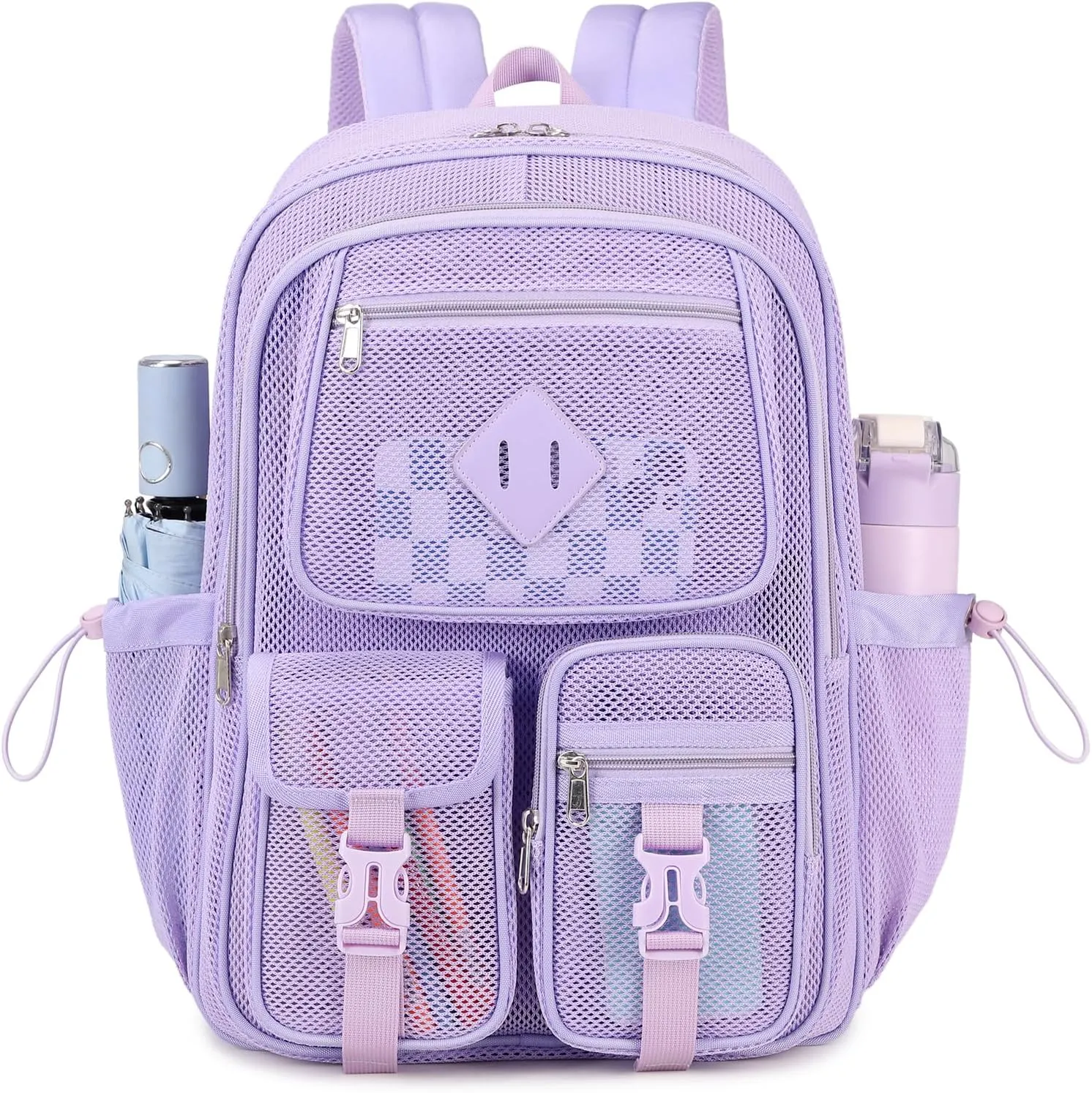 MOONBABY Mesh Backpack for School Heavy Duty See Through Net Bookbag Girls Semi-Transparent Net Back Pack for Beach, Swimming, Sports, Work, Travel (Purple)