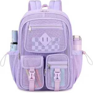 MOONBABY Mesh Backpack for School Heavy Duty See Through Net Bookbag Girls Semi-Transparent Net Back Pack for Beach, Swimming, Sports, Work, Travel (Purple)