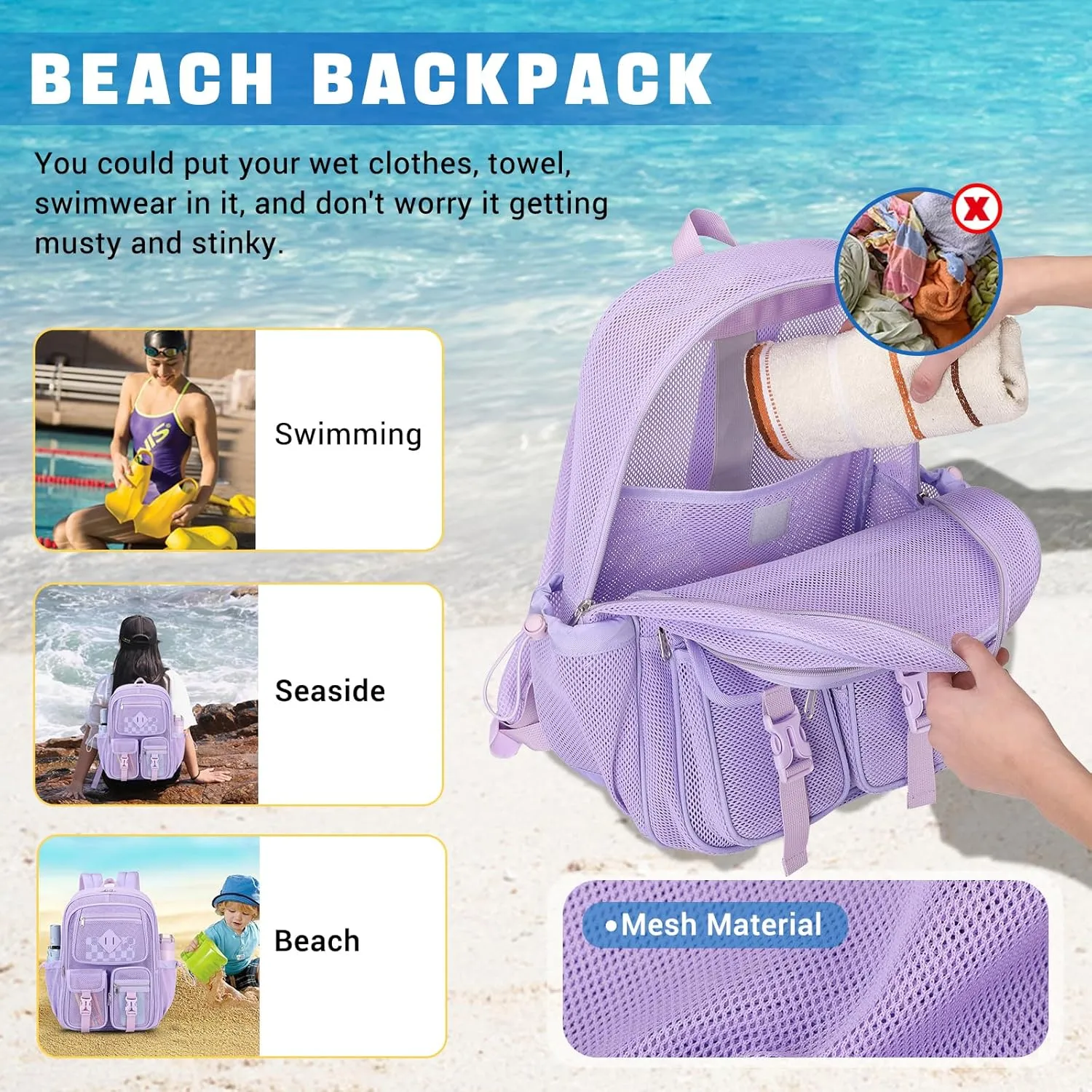 MOONBABY Mesh Backpack for School Heavy Duty See Through Net Bookbag Girls Semi-Transparent Net Back Pack for Beach, Swimming, Sports, Work, Travel (Purple)