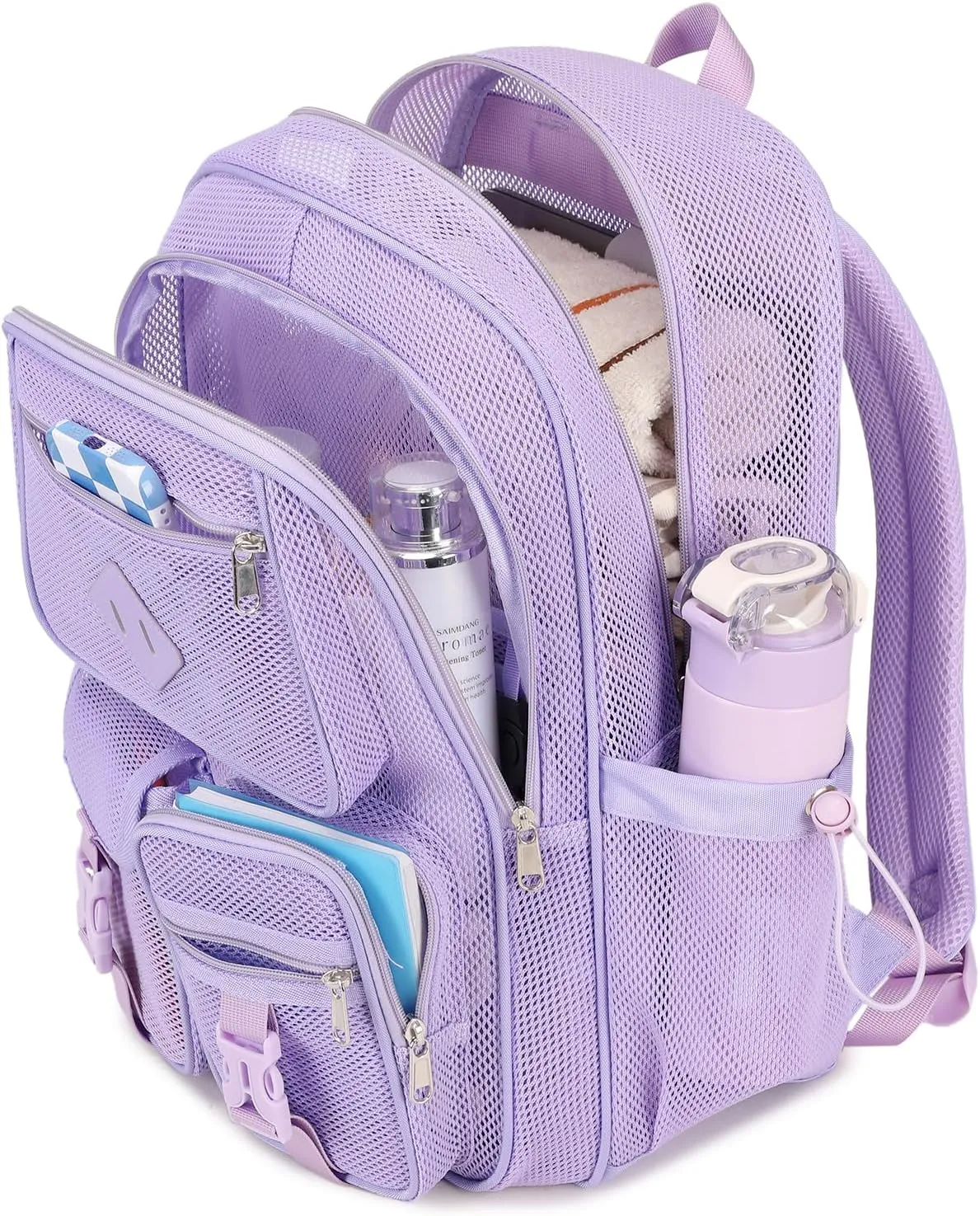 MOONBABY Mesh Backpack for School Heavy Duty See Through Net Bookbag Girls Semi-Transparent Net Back Pack for Beach, Swimming, Sports, Work, Travel (Purple)