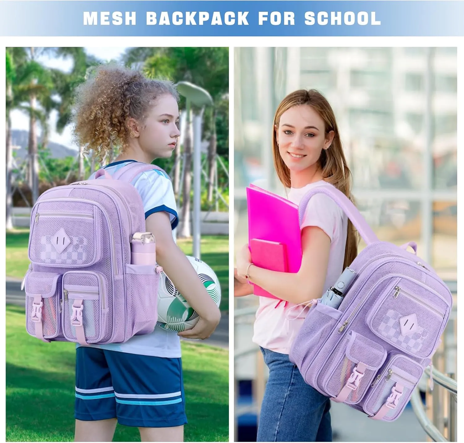 MOONBABY Mesh Backpack for School Heavy Duty See Through Net Bookbag Girls Semi-Transparent Net Back Pack for Beach, Swimming, Sports, Work, Travel (Purple)